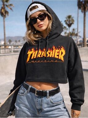 THRASHER Magazine Hoodie Black Cropped Top Woman’s Size S Skateboard Sweatshirt